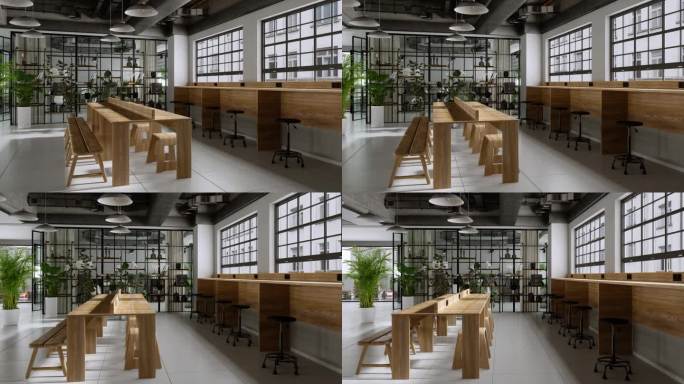 现代咖啡馆室内与木桌，座椅，书架和室内植物