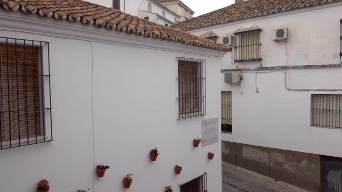 阳光普照的西班牙别墅坐落在西班牙西南部连绵起伏的山丘上:白色的墙壁，赤陶土的屋顶