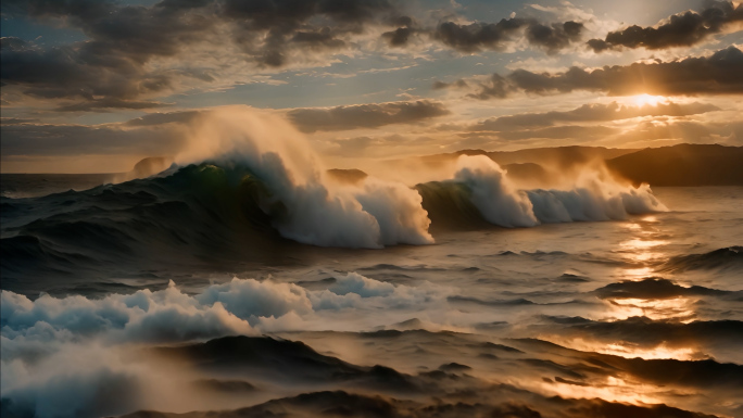 夕阳下大海巨浪航拍 4k