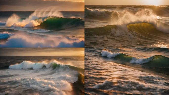 夕阳下大海巨浪航拍 4k