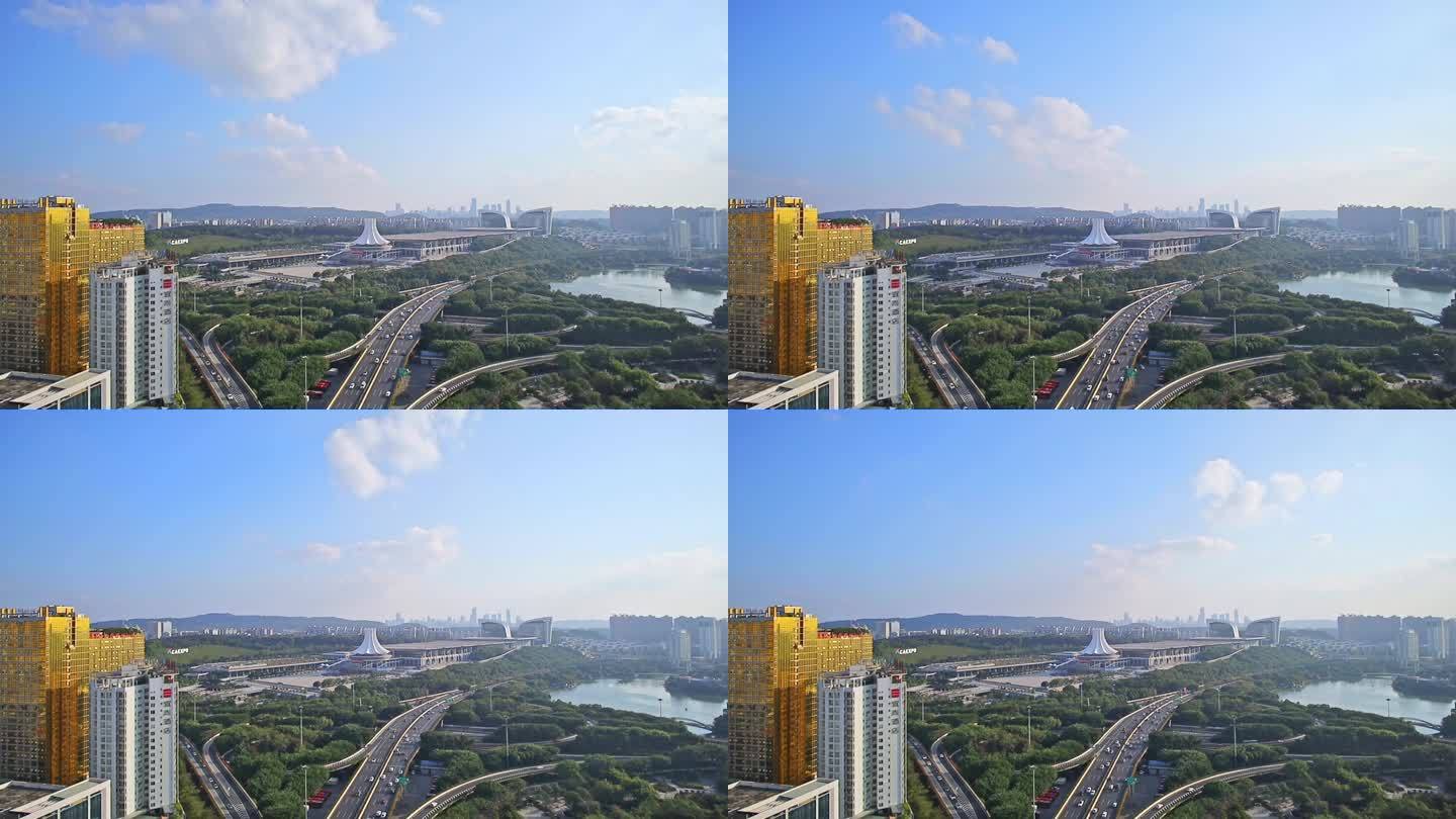广西南宁国际会展中心城市风光蓝天白云延时