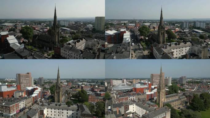 普雷斯顿圣三一教堂和尖塔的航拍片段，普雷斯顿，英格兰，英国