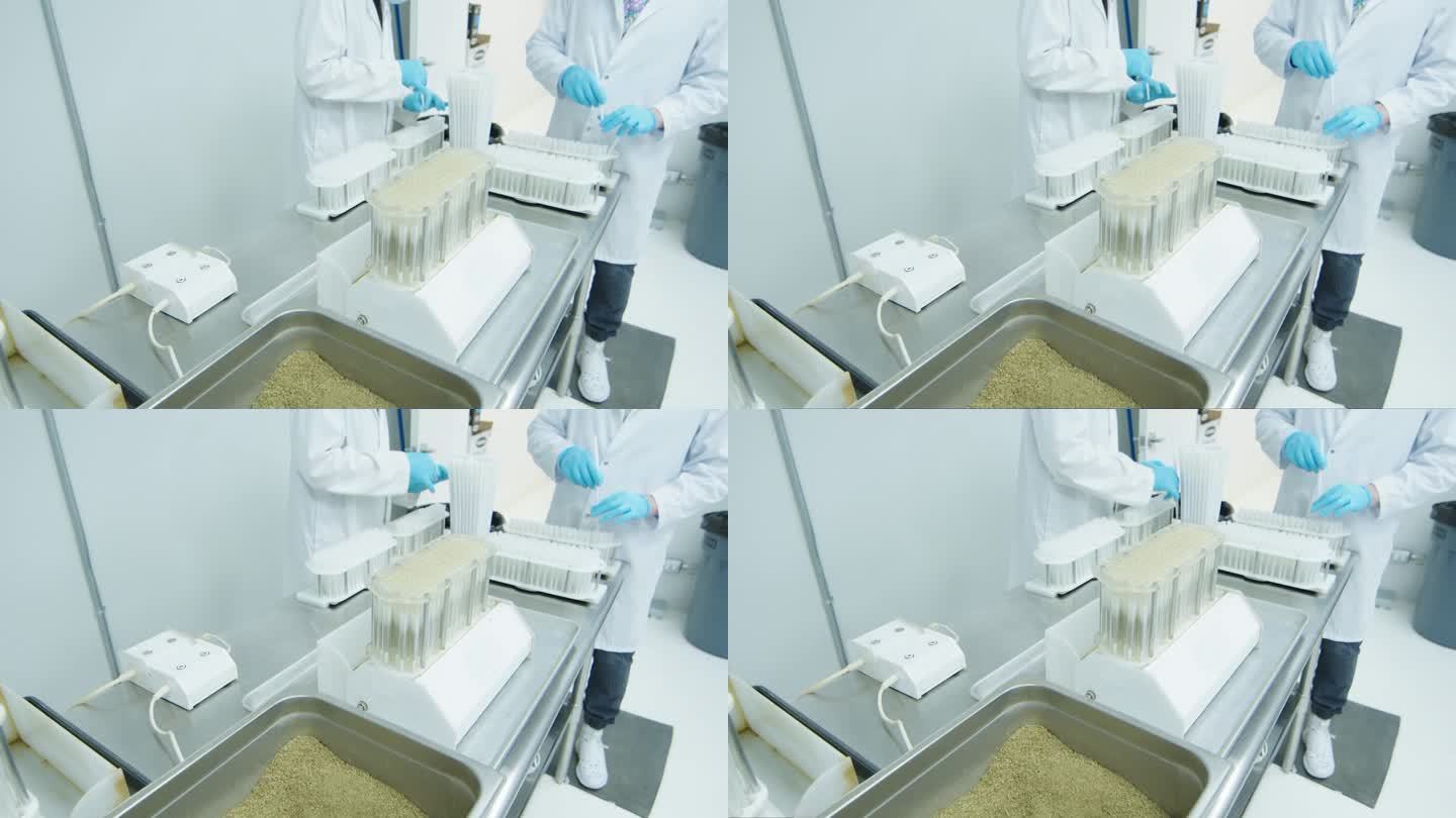 预卷锥形灌装机正在装载大麻粉。穿着实验室工作服、戴着蓝色医用手套的实验室技术人员在后台工作。广角镜头
