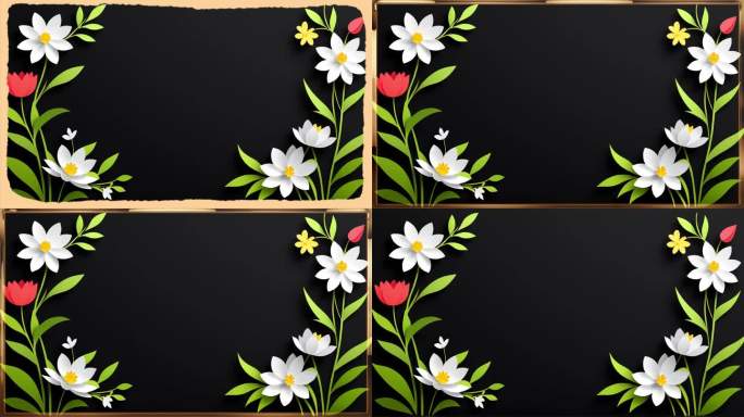 4K三种艺术鲜花平面卡通边框简洁黑底背景