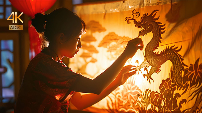 龙的刺绣 皮影戏 夜晚中国风氛围 古代