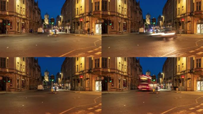 英国牛津郡，牛津市中心和夜间道路交通- 4k延时拍摄