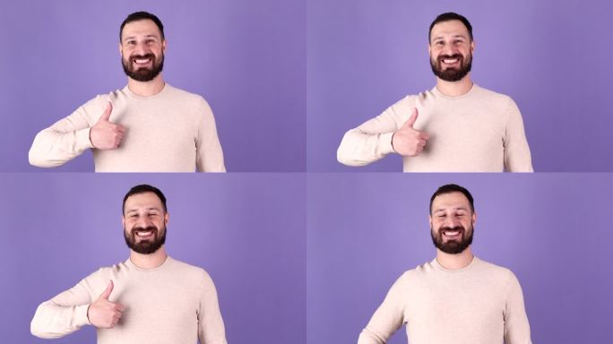 快乐的大胡子男人，大拇指和良好的工作在赢得，成功或感谢你对一个紫色的工作室背景。
