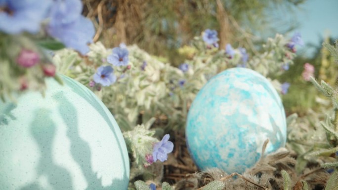 蓝色的复活节彩蛋藏在有花的草里，一个阳光明媚的森林。多莉滑块极端特写。