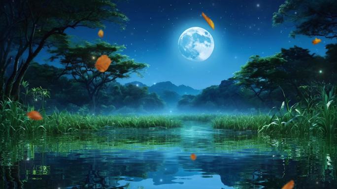 月光下水流倒影自然风景