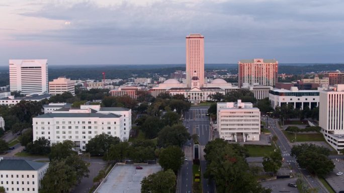 位于佛罗里达州塔拉哈西的佛罗里达州教育部和州议会大厦上空的蓝天。航空拍摄的静态镜头。