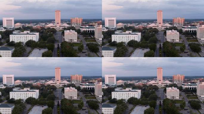 位于佛罗里达州塔拉哈西的佛罗里达州教育部和州议会大厦上空的蓝天。航空拍摄的静态镜头。