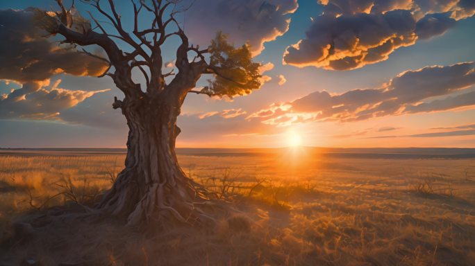 枯树荒漠 荒漠夕阳光影延时