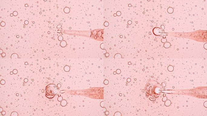 透明化妆品凝胶流体与分子气泡油分布。显微镜下的细胞泡簇。天然有机化妆品、药品微距拍摄。生产特写。缓慢