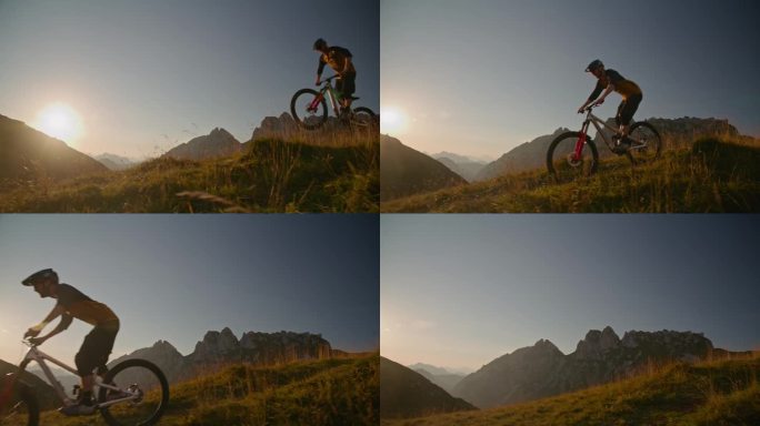 在明亮的夕阳下，骑山地自行车的人在草地上骑自行车表演特技