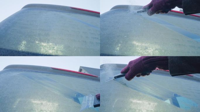 冬天的驾驶——一个女人正在刮掉她汽车后窗上结冰的冰——慢镜头