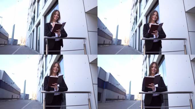 一个穿着职业装拿着记事本的女人在办公室附近进行采访，一个在街上做生意的女人