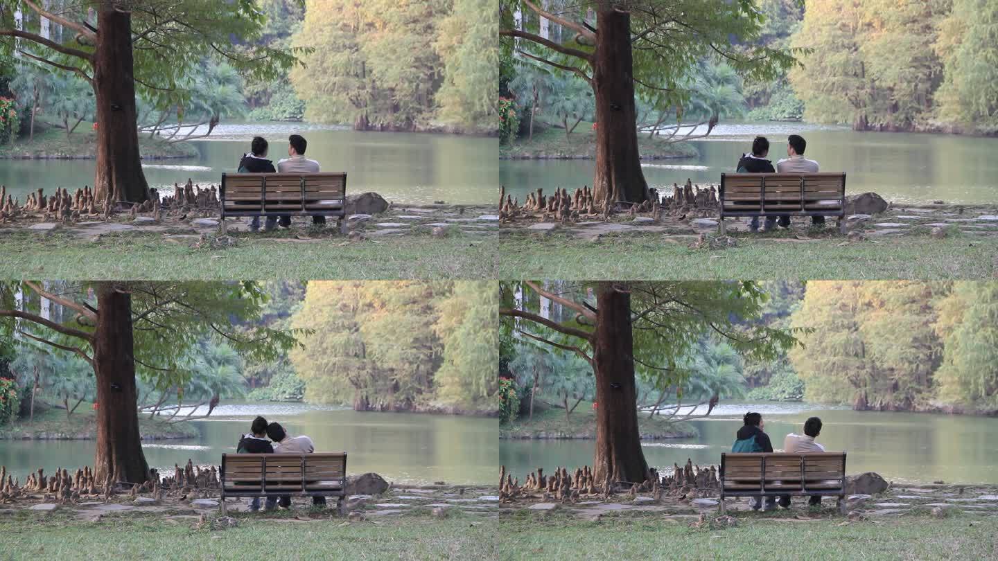 湖边椅子上亲密交谈的游客