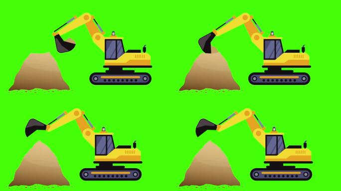 工业机械，移动沙子，建筑工业，绿色屏幕平面动画