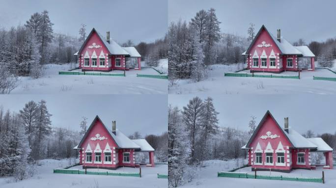 航拍林海雪原护林人森林小屋