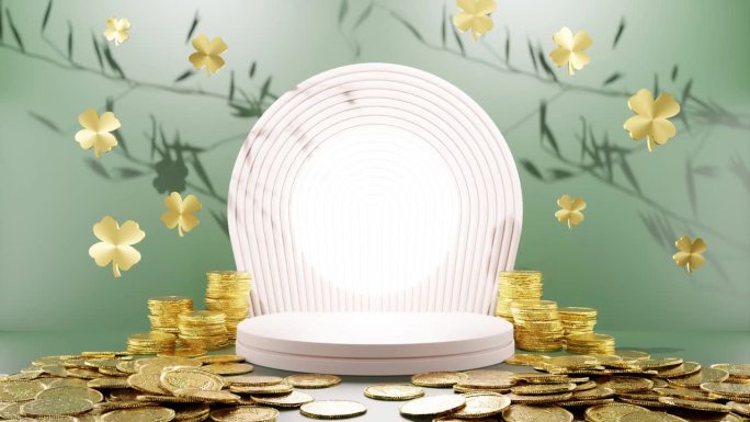繁荣盛开:金币和三叶草叶子围绕一个白色圆形显示绿色背景模型