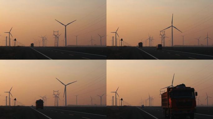 黄昏日落中的新疆达坂城风力发电场