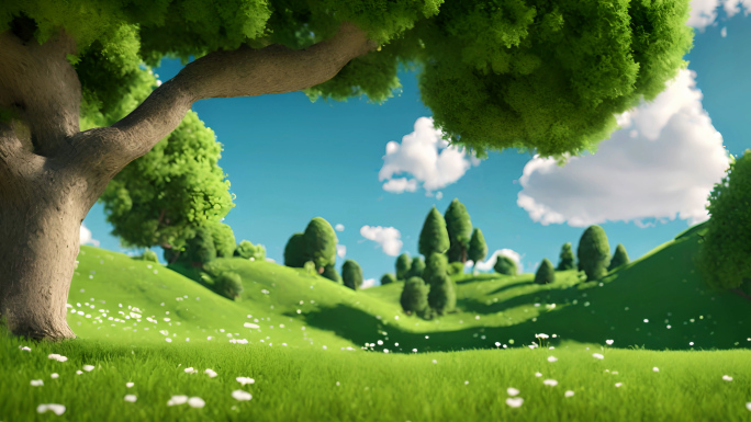 蓝天白云和草原上的树3d卡通动画