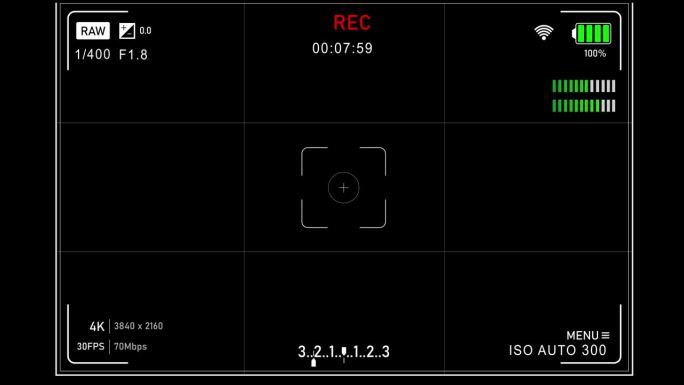 专业相机屏幕记录叠加在黑色背景。取景器显示界面与Iso，光圈，快门速度和白平衡参数和设置。视频记录在