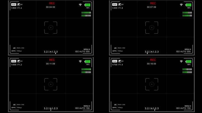 专业相机屏幕记录叠加在黑色背景。取景器显示界面与Iso，光圈，快门速度和白平衡参数和设置。视频记录在