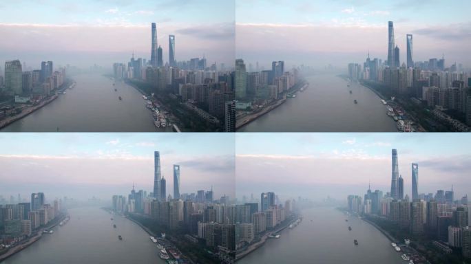 清晨上海天际线鸟瞰图，无人机沿黄浦江飞行，4k实时画面。
