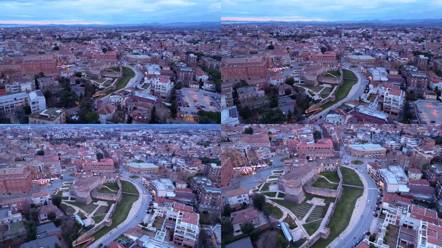 高空无人机拍摄的日落时分意大利艾米利亚-罗马涅地区的里米尼市