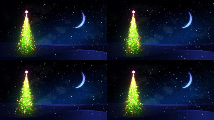 用彩灯装饰的旋转的圣诞树。雪夜与新月动画