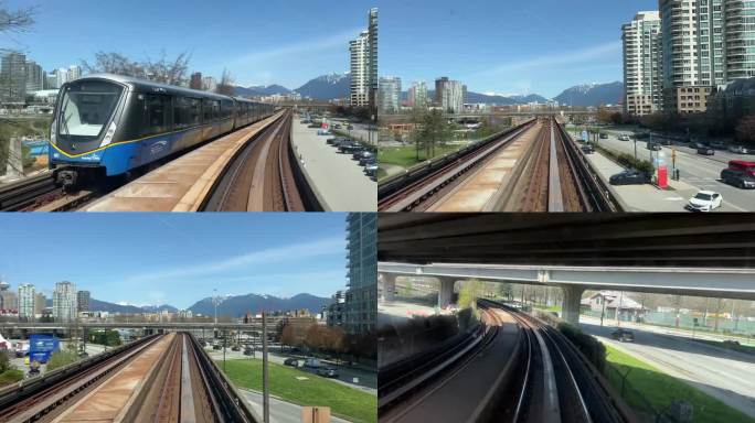 温哥华市中心，不列颠哥伦比亚省，加拿大，科学世界期间，空中列车经过现代城市