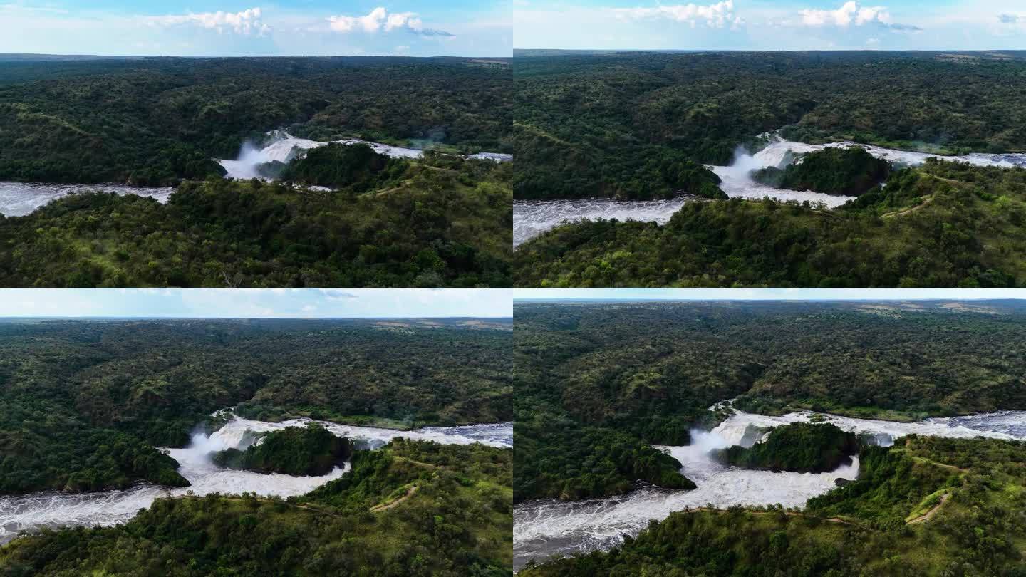 在阳光明媚的非洲乌干达，从空中俯瞰卡巴莱加瀑布(默奇森瀑布)。