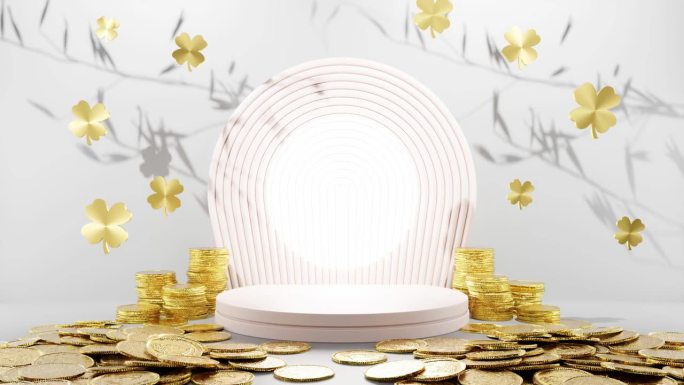 繁荣盛开:金币和三叶草叶子围绕着一个白色的圆形显示器白色背景模型