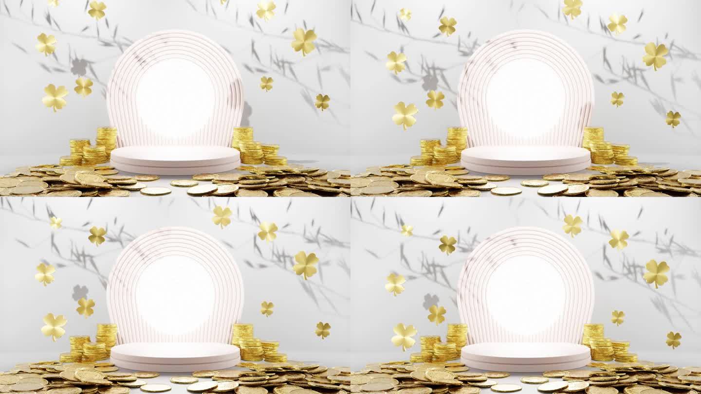繁荣盛开:金币和三叶草叶子围绕着一个白色的圆形显示器白色背景模型
