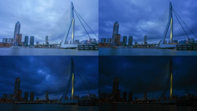 荷兰鹿特丹- 2023年12月26日:鹿特丹夜间全景图与Nieuwe河上的“Erasmus-Brid