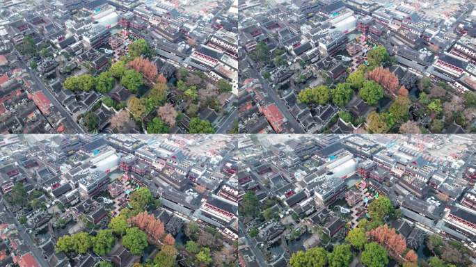 上海市中心豫园高角度景，春节和元宵节彩龙灯，4k实时镜头，无人机视图。