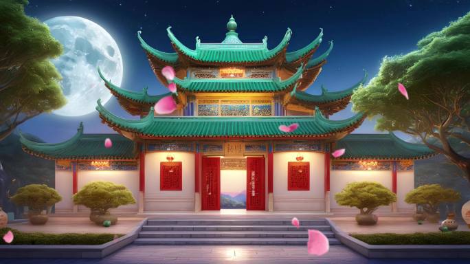 中式庭院门庭月光背景