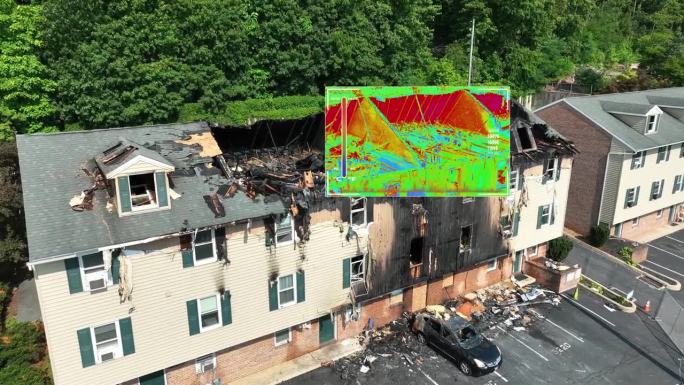 热成像无人机在房屋和公寓火灾后扫描倒塌的屋顶。热成像技术覆盖在被烧毁的建筑物上作为热点。3D渲染动画