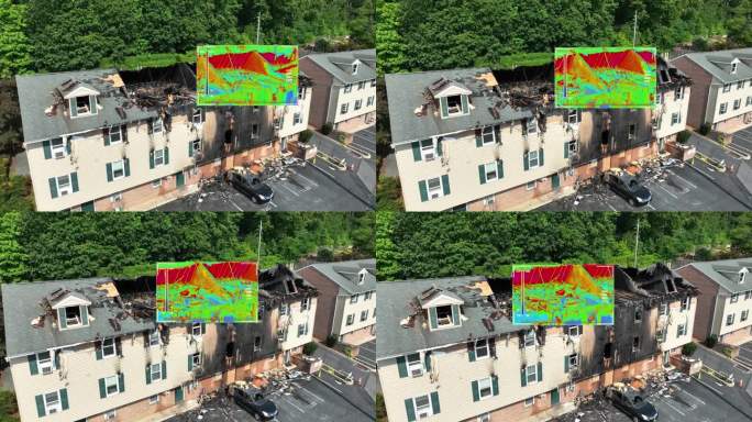 热成像无人机在房屋和公寓火灾后扫描倒塌的屋顶。热成像技术覆盖在被烧毁的建筑物上作为热点。3D渲染动画