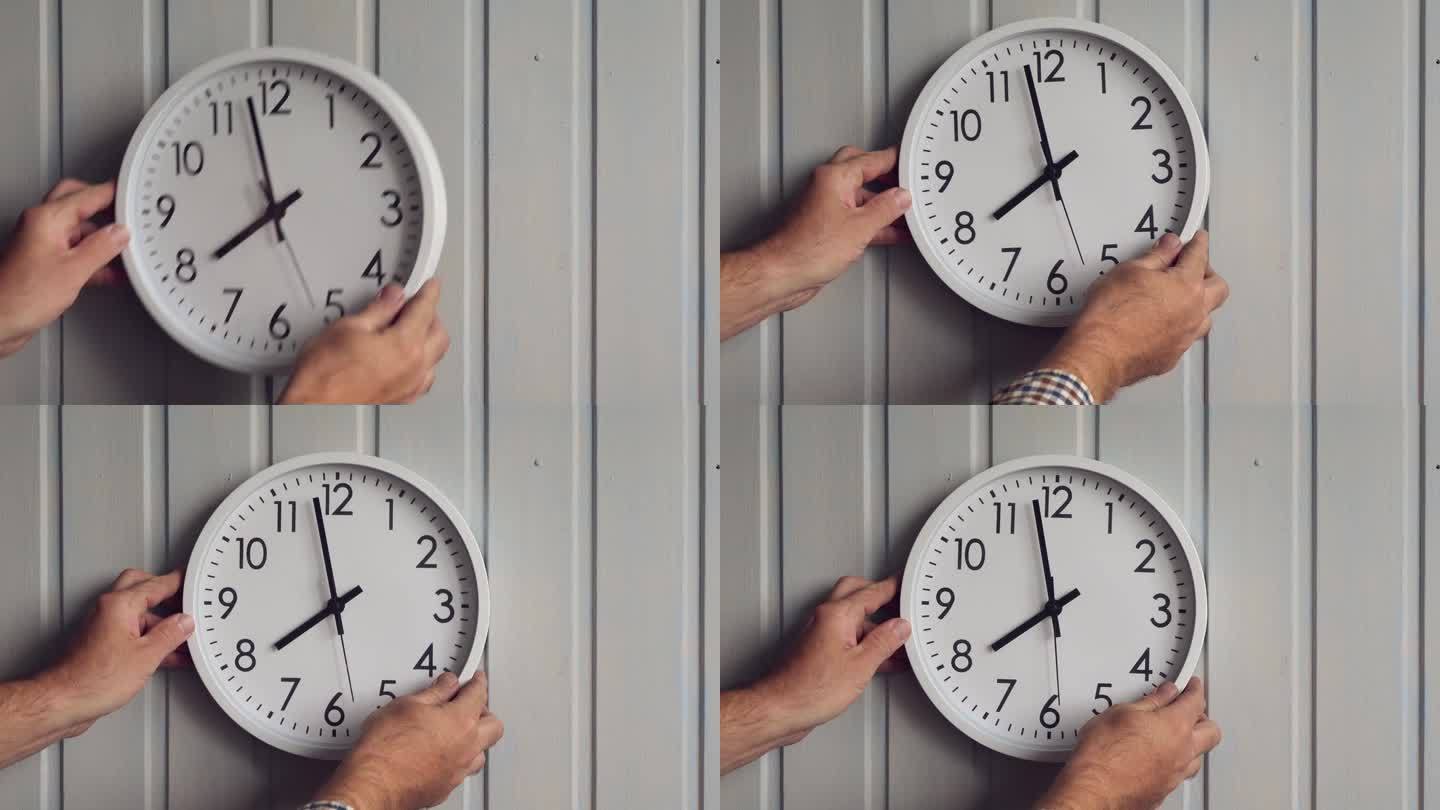 一个人在木墙上挂了一个圆形的钟。时钟显示8点或20点。