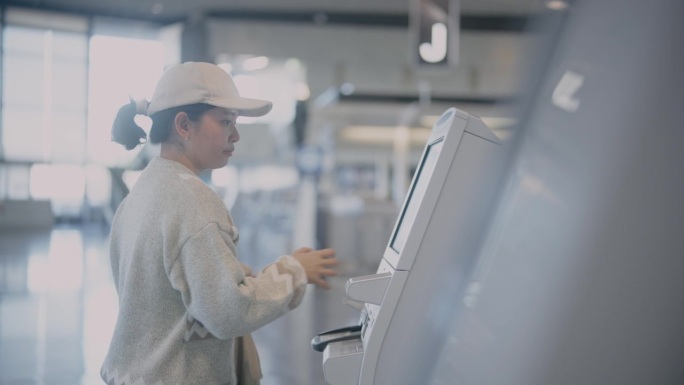 年轻的亚洲女子走向自助值机亭。