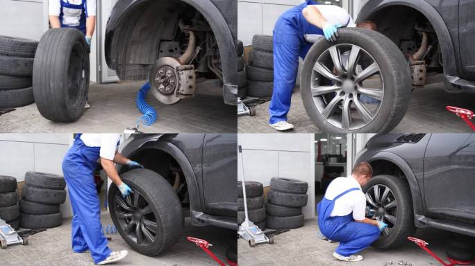 汽车修理工在服务站用气扳手在车上安装轮胎。工人紧固凸耳螺母，对准车轮，确保汽车安全。车库专业人员更换