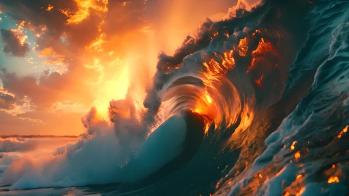 夕阳下海洋巨浪翻滚
