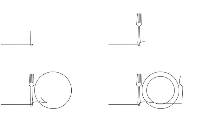 连续的一行动画。一套餐具的手绘动画图形元素。盘子，勺子，叉子，刀的概念。视频4 k