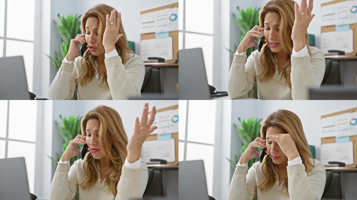 忧心忡忡的女性在办公室打电话，在室内工作时表现出焦虑和压力。