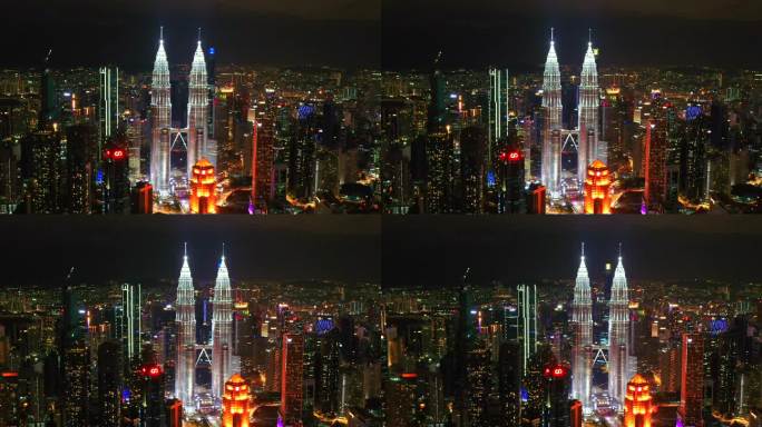 航拍吉隆坡夜景双子塔石油双塔4k