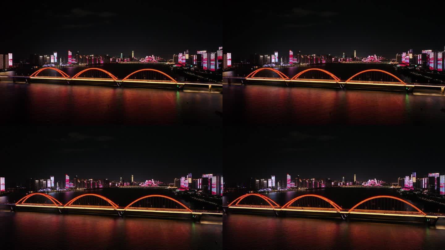 航拍长沙福元大桥北辰三角洲两岸夜景