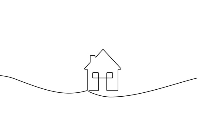 一个单线绘图的家庭动画。房屋的建造、规划和发展。连续线自绘制的房地产插图
