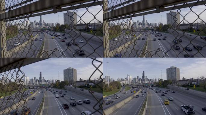 多利-in穿过铁链栅栏，飞向繁忙的艾森豪威尔高速公路和芝加哥的天际线